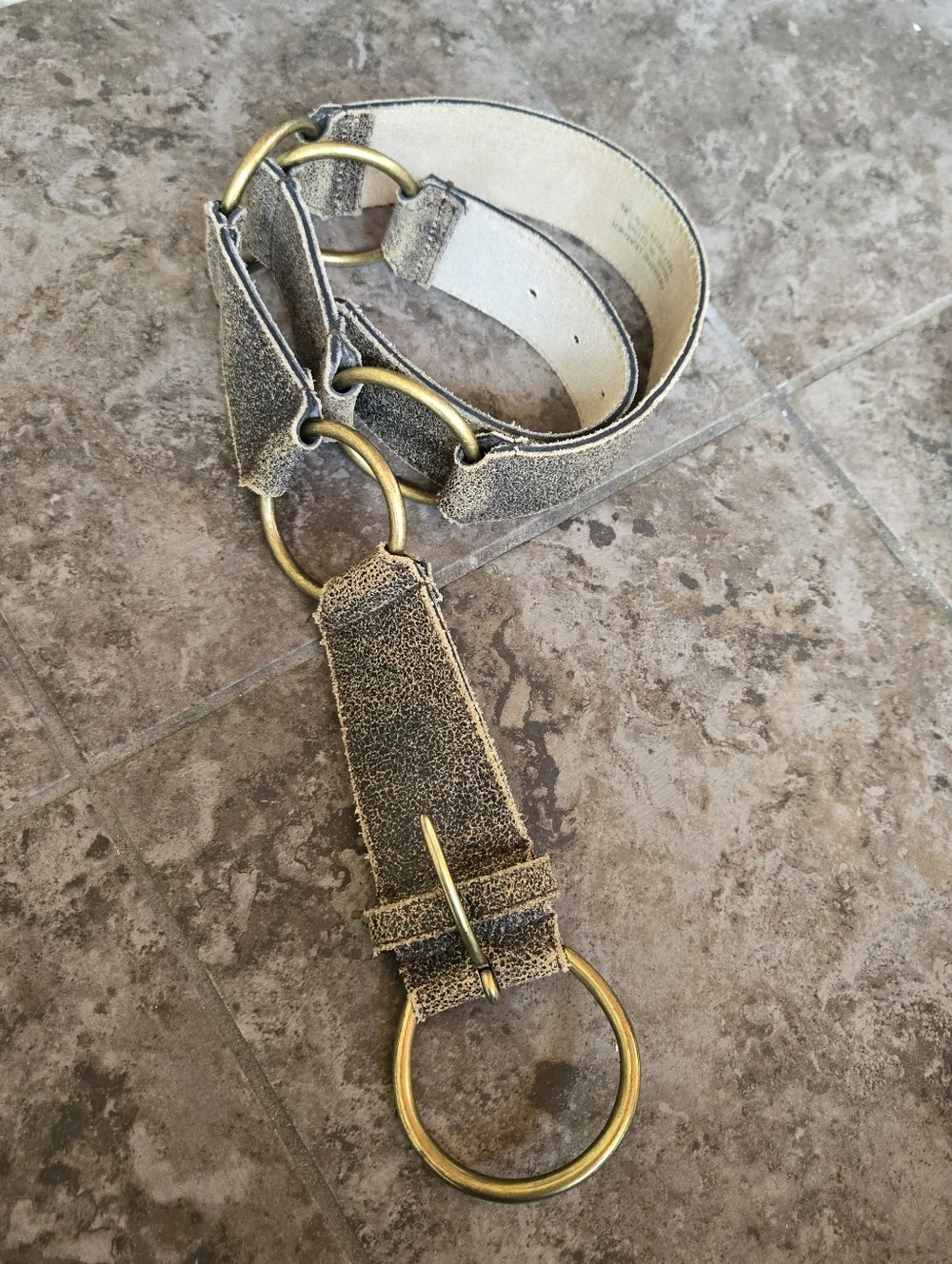Vintage Rustic Genuine Leather Belt With Brass Rings Hoops Brown Grey
